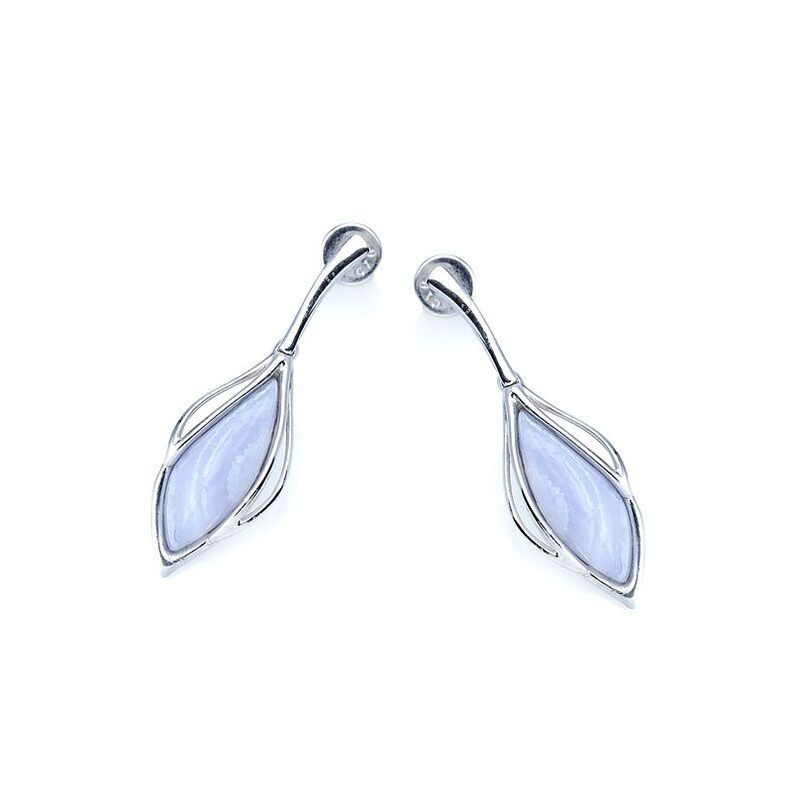 Orecchini pendenti in agata blu con pizzo, argento 925 rodiato
