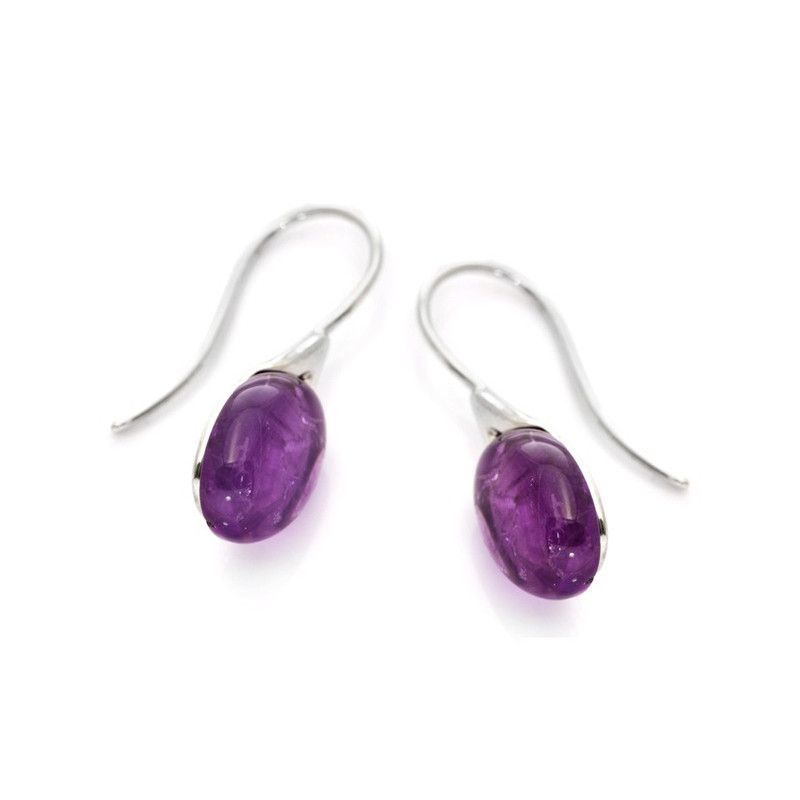 Oval purple amethyst drop earrings, rhodium-plated 925 silver