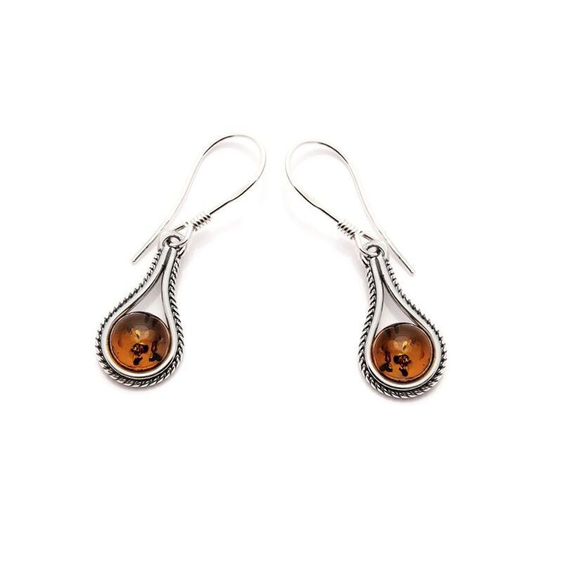 Boucles d'oreilles gouttes en ambre cognac naturel rond, en argent 925 vieilli