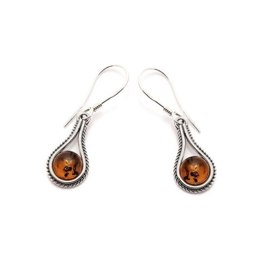 Boucles d'oreilles gouttes en ambre cognac naturel rond, en argent 925 vieilli