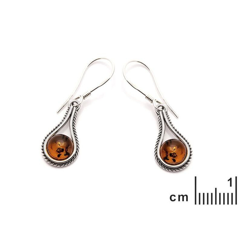 Boucles d'oreilles gouttes en ambre cognac naturel rond, en argent 925 vieilli