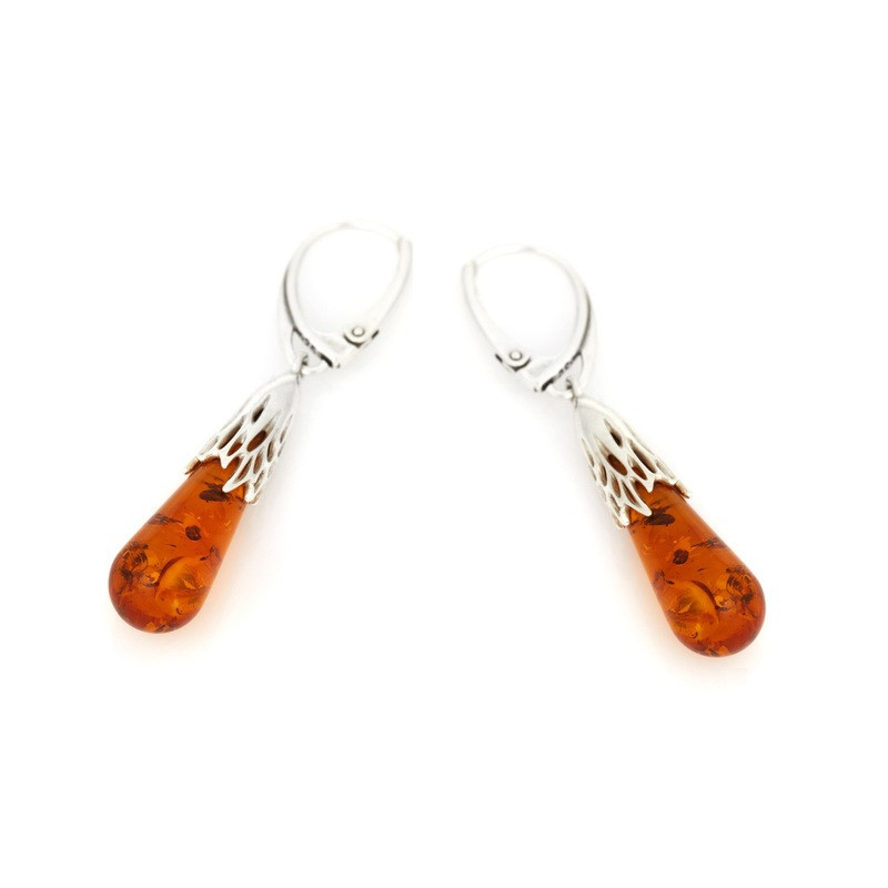 Boucles d'oreilles pendantes en ambre cognac goutte, en argent 925 rhodié