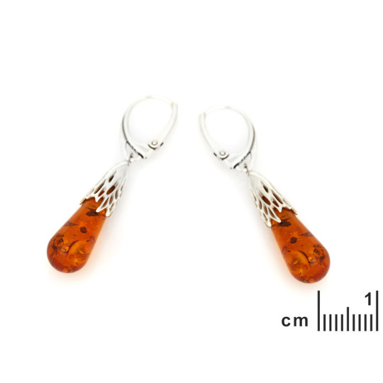 Boucles d'oreilles pendantes en ambre cognac goutte, en argent 925 rhodié