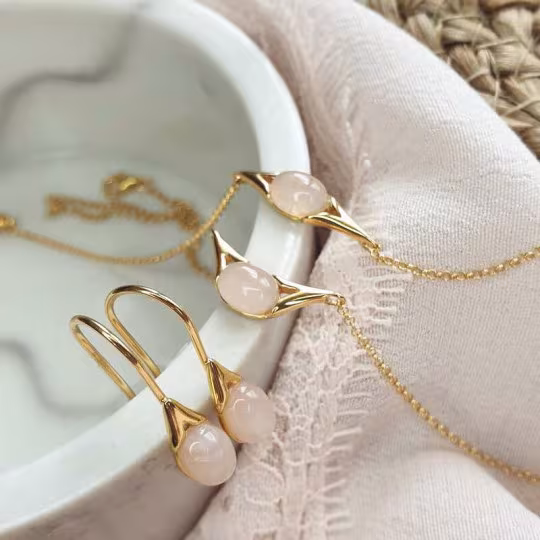 Boucles d'oreilles en quartz rose naturel, en argent 925 doré