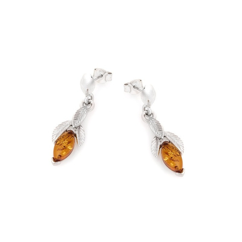 Boucles d'oreilles pendantes en ambre cognac , en argent 925 rhodié