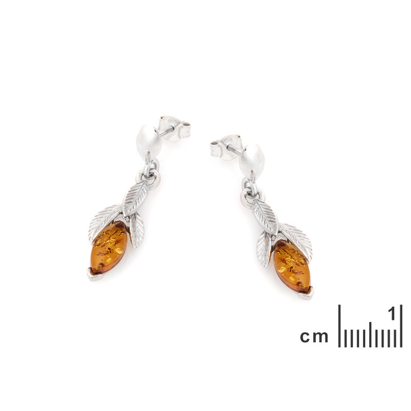 Boucles d'oreilles pendantes en ambre cognac , en argent 925 rhodié