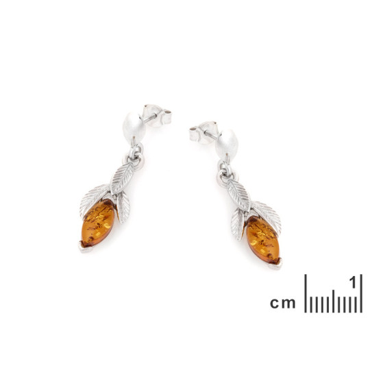 Boucles d'oreilles pendantes en ambre cognac , en argent 925 rhodié