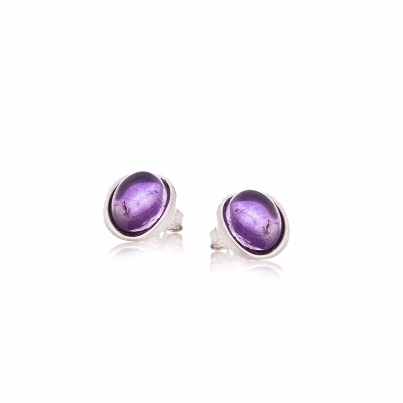 Oval natural amethyst stud earrings, rhodium-plated 925 silver