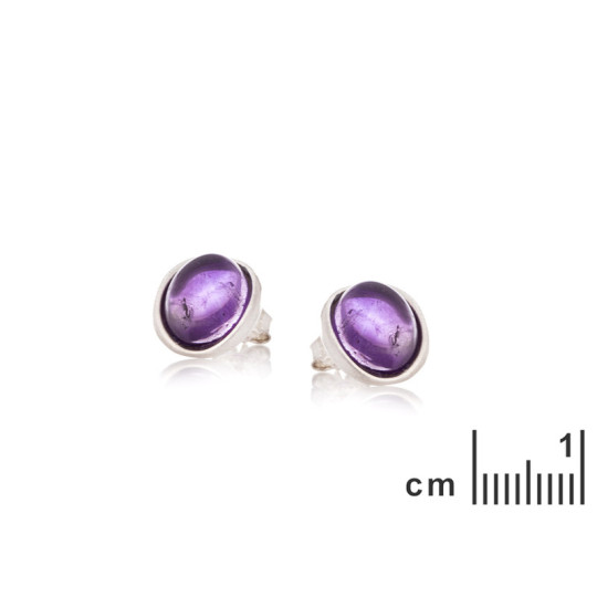 Oval natural amethyst stud earrings, rhodium-plated 925 silver