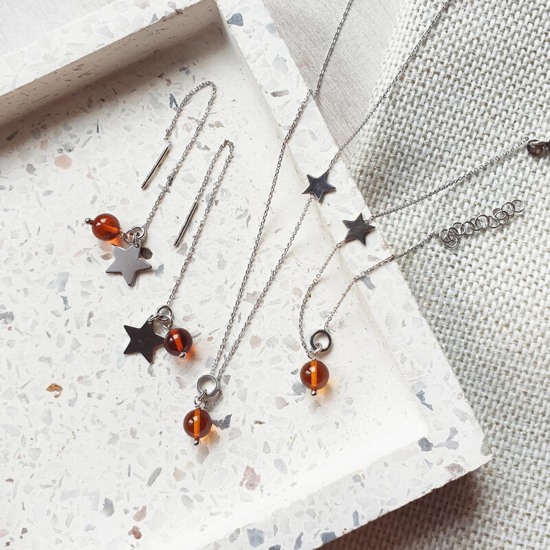 Pendientes de bola de ámbar color coñac, plata 925 rodiada