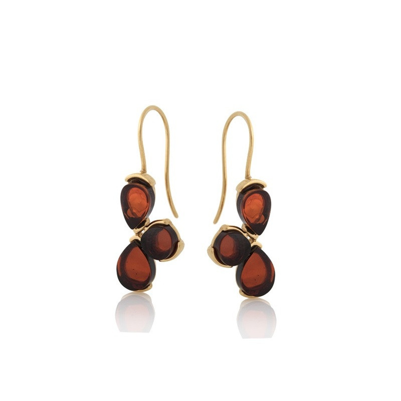 Boucles d'oreilles pendantes en ambre cognac naturel goutte, en argent 925 doré