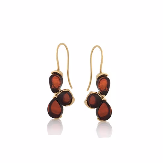 Boucles d'oreilles pendantes en ambre cognac naturel goutte, en argent 925 doré