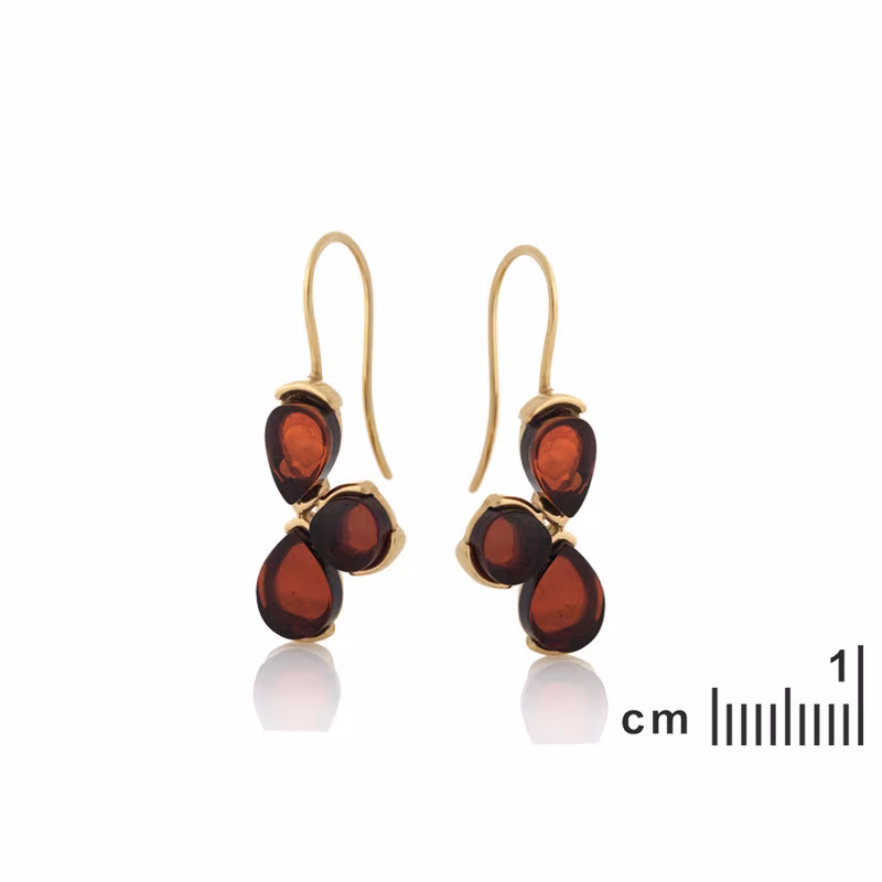 Boucles d'oreilles pendantes en ambre cognac naturel goutte, en argent 925 doré