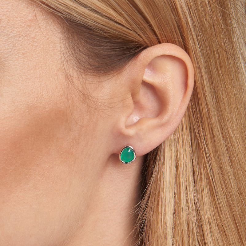 Clous d'oreilles en onyx vert naturel irrégulier, en argent 925 rhodié