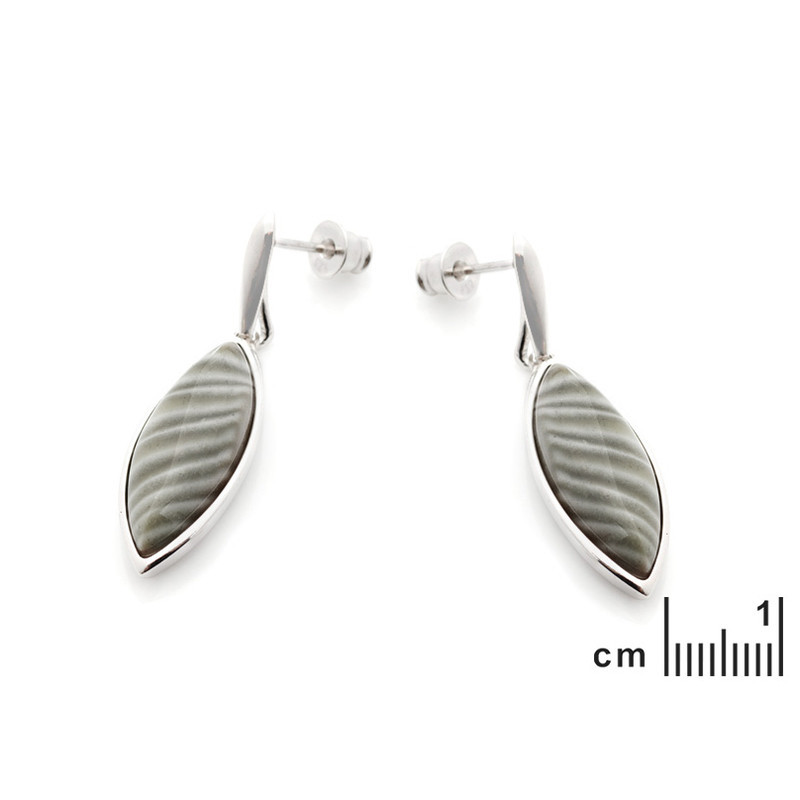 Boucles d'oreilles pendantes en silex rayé navette, en argent 925 rhodié