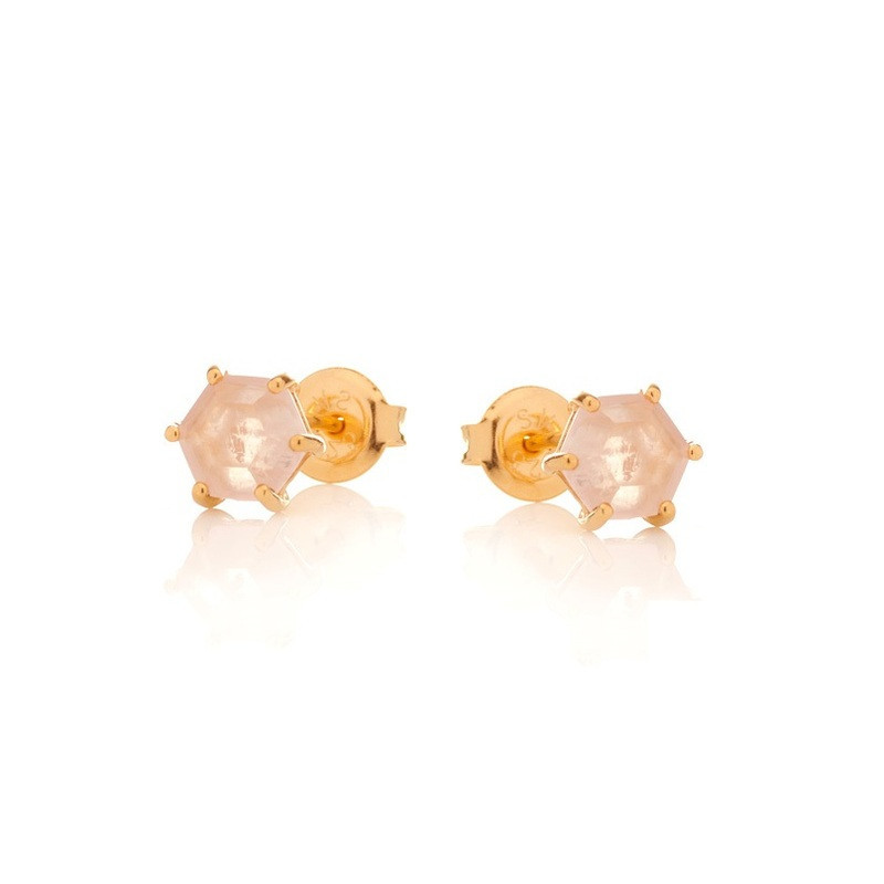 Clous d'oreilles en quartz rose naturel hexagone, en argent 925 doré