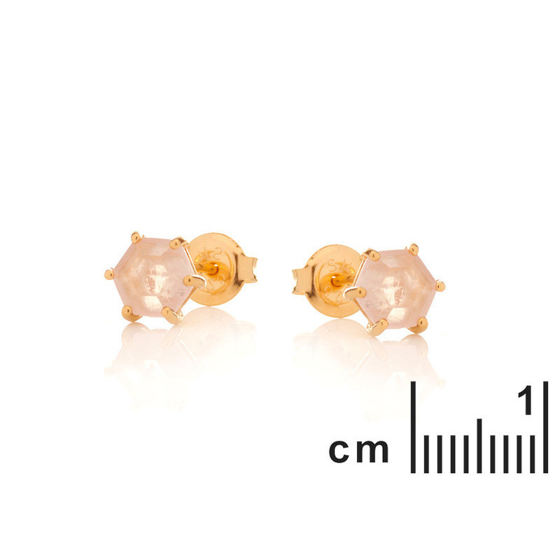 Clous d'oreilles en quartz rose naturel hexagone, en argent 925 doré