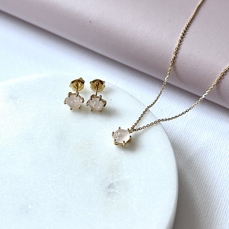 Clous d'oreilles en quartz rose naturel hexagone, en argent 925 doré