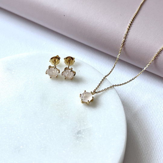 Clous d'oreilles en quartz rose naturel hexagone, en argent 925 doré