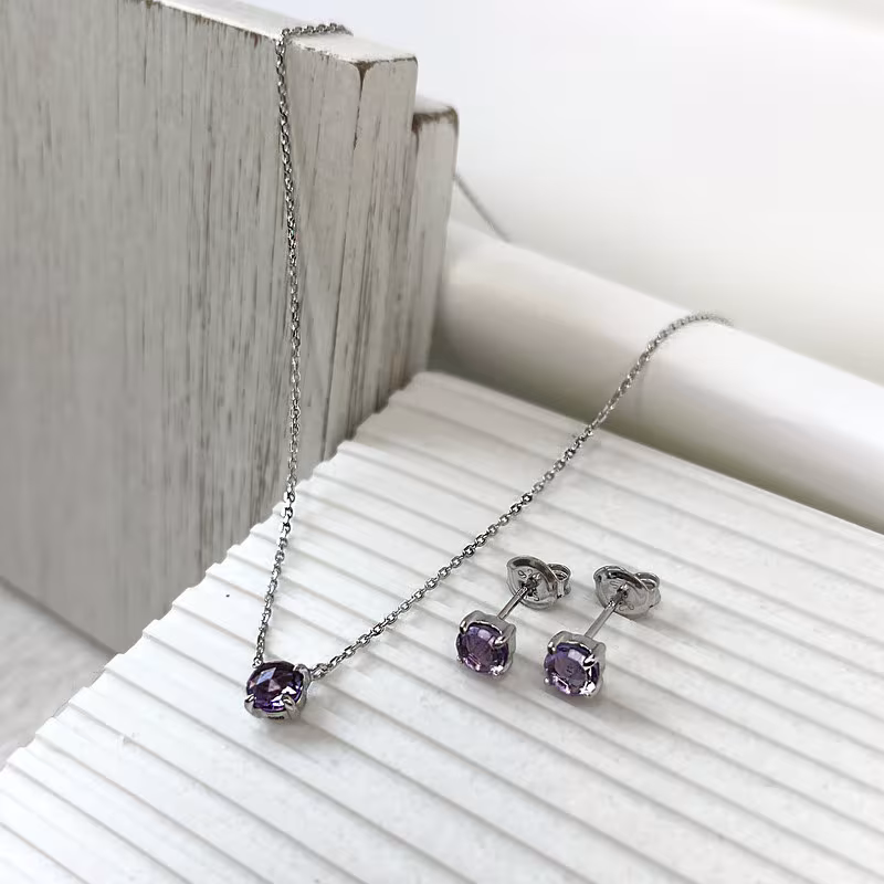 Oval purple amethyst stud earrings, rhodium-plated 925 silver