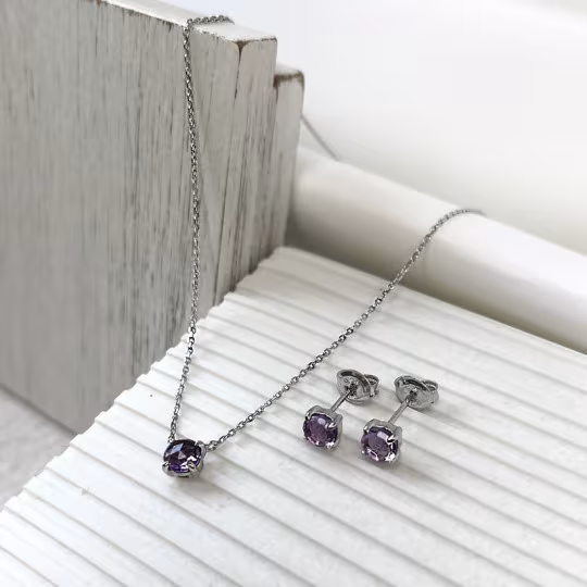 Oval purple amethyst stud earrings, rhodium-plated 925 silver