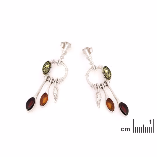 Boucles d'oreilles pendantes en ambre multicolore navette, en argent 925 rhodié