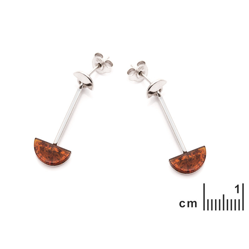 Boucles d'oreilles pendantes demi-cercles en ambre cognac, en argent 925 rhodié