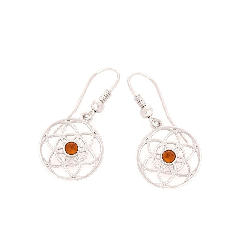 Orecchini pendenti Fiore della Vita in ambra, argento 925 rodiato