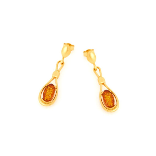Boucles d'oreilles pendantes en ambre cognac ovale, en argent 925 rhodié