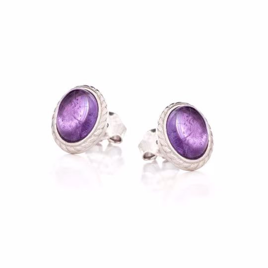 Pendientes ovalados de amatista morada natural en plata 925 envejecida