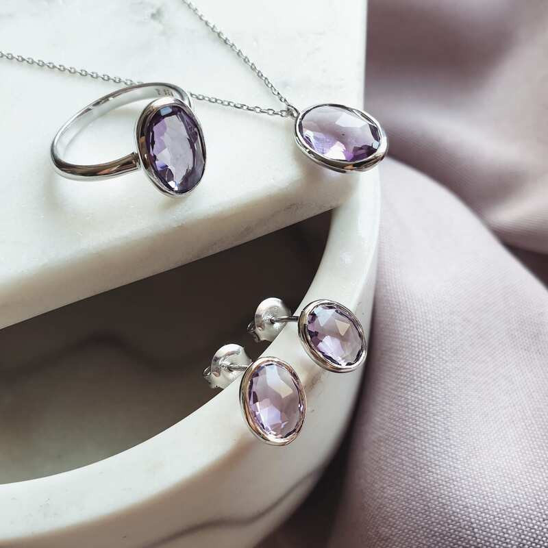 Oval purple amethyst stud earrings, rhodium-plated 925 silver