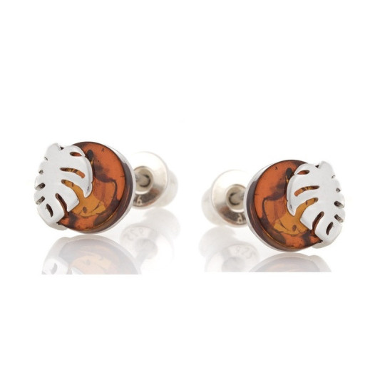 Round Baltic Sea cognac amber stud earrings, rhodium-plated 925 silver