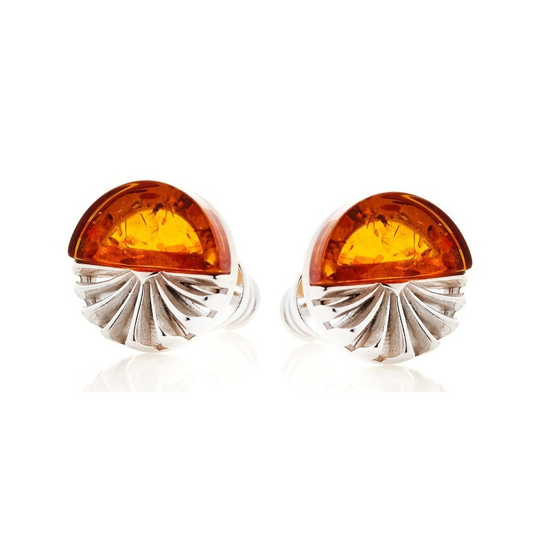 Clous d'oreilles en ambre cognac naturel demi-cercle, en argent 925 rhodié