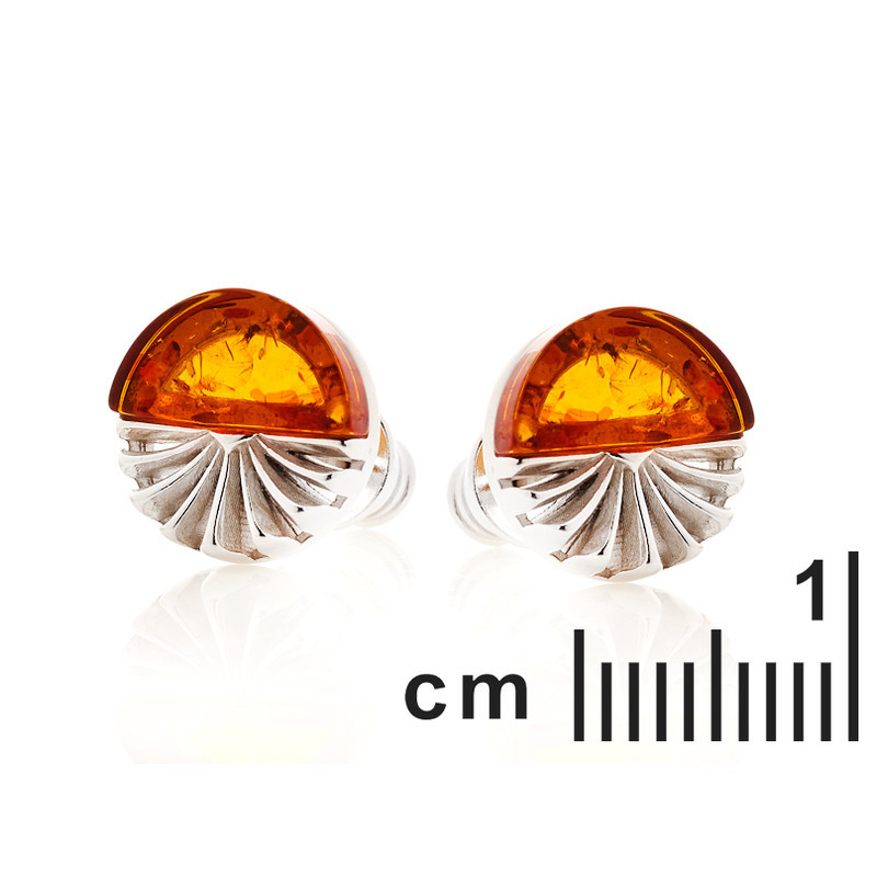 Clous d'oreilles en ambre cognac naturel demi-cercle, en argent 925 rhodié