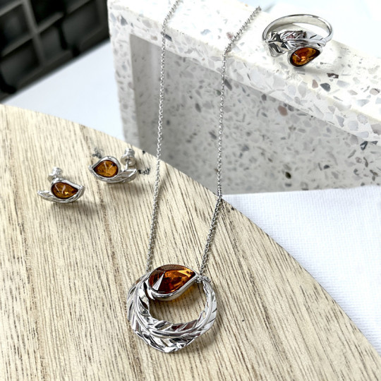 Clous d'oreilles en ambre cognac naturel goutte, en argent 925 rhodié