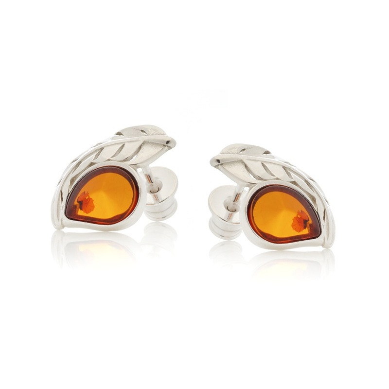 Clous d'oreilles en ambre cognac naturel goutte, en argent 925 rhodié