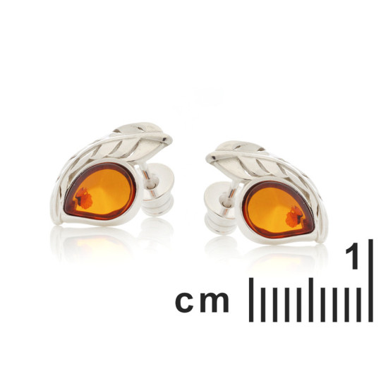 Clous d'oreilles en ambre cognac naturel goutte, en argent 925 rhodié