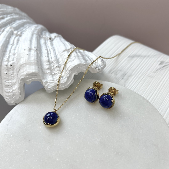 Clous d'oreilles en lapis lazuli bleu naturel rond, en argent 925 doré