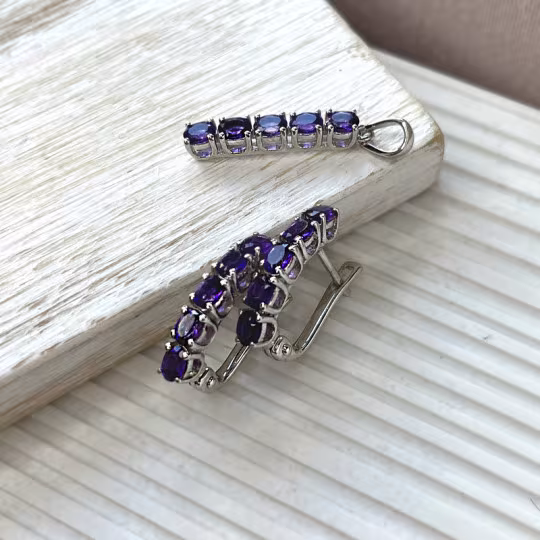 Oval purple amethyst drop earrings, rhodium-plated 925 silver