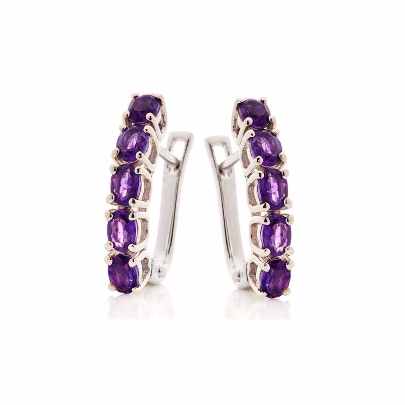 Oval purple amethyst drop earrings, rhodium-plated 925 silver