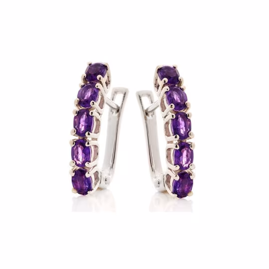 Oval purple amethyst drop earrings, rhodium-plated 925 silver