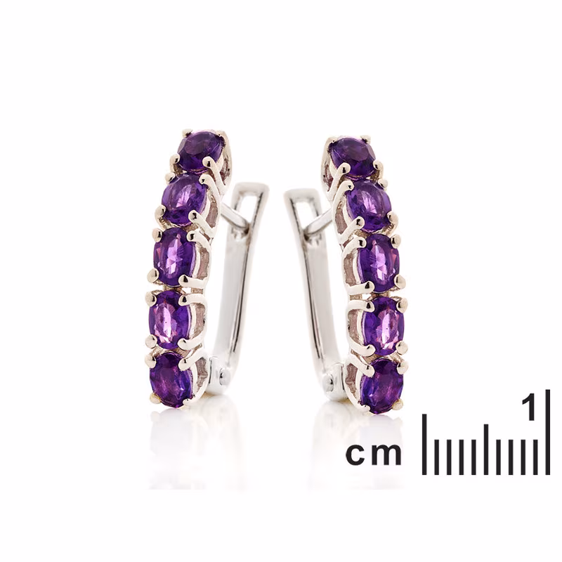 Oval purple amethyst drop earrings, rhodium-plated 925 silver