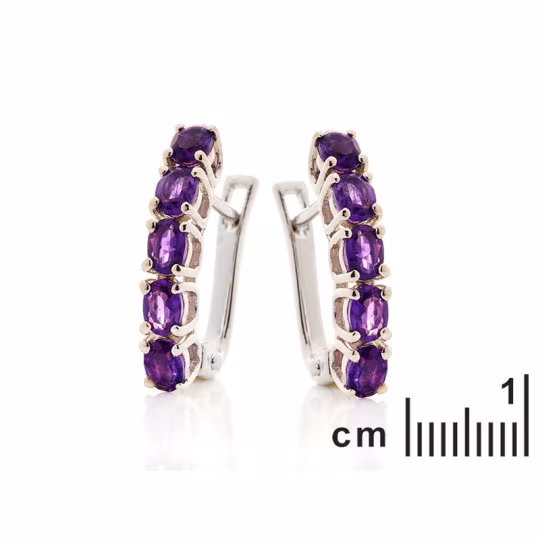 Oval purple amethyst drop earrings, rhodium-plated 925 silver