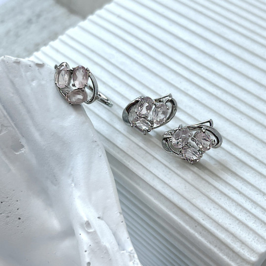 Boucles d'oreilles pendantes en quartz rose ovale, en argent 925 rhodié
