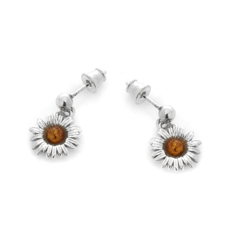 Pendientes redondos de ámbar coñac, plata 925 rodiada.