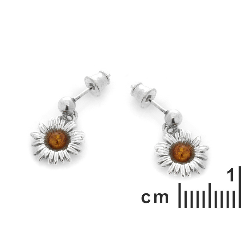 Pendientes redondos de ámbar coñac, plata 925 rodiada.
