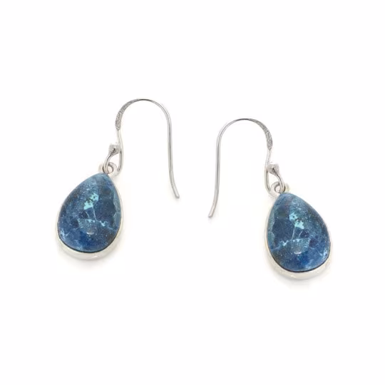 Blue shattuckite drop dangle earrings, rhodium-plated 925 silver