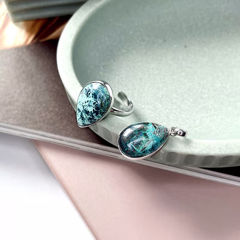 Blue shattuckite drop dangle earrings, rhodium-plated 925 silver