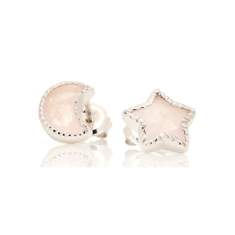 Clous d'oreilles étoiles et lunes en quartz rose étoile, en argent 925 rhodié