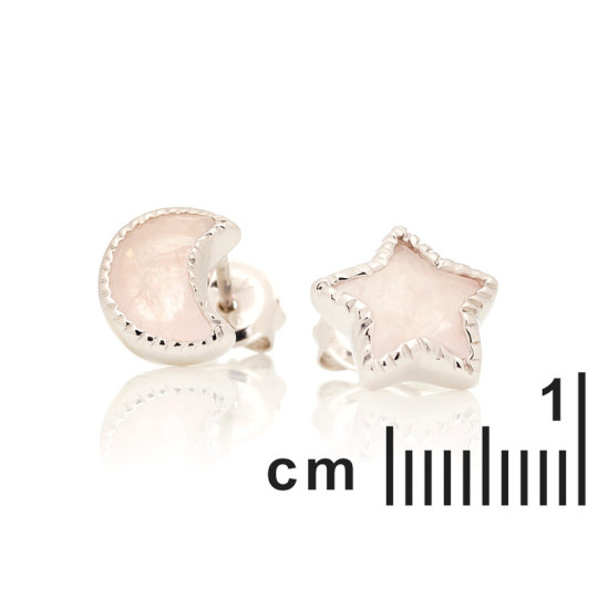 Clous d'oreilles étoiles et lunes en quartz rose étoile, en argent 925 rhodié